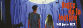 Illustration de l'affiche des Nuits de la lecture 2023 : dans la nuit, un garçon et une fille face à la pleine lune et un loup sur leur gauche