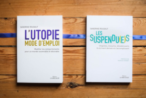 Photo de deux livres de Sandrine Roudaut : L'utopie mode d'emploi, et Les suspendu(e)s.