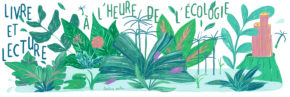 Illustration au crayon par Léontine Soulier représentant un livre vert dans un environnement végétal. Visuel pour le dossier de la Fill : Livre et lecture : à l'heure de l'écologie