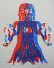 Sérigraphie bleu et rouge, figurant un personnage féminin portant des fleurs.