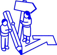 Illustration au trait bleu représentant deux personnages sur une flèche : un homme portant un crayon haut comme lui et une femme tenant une pancarte de signalisation.