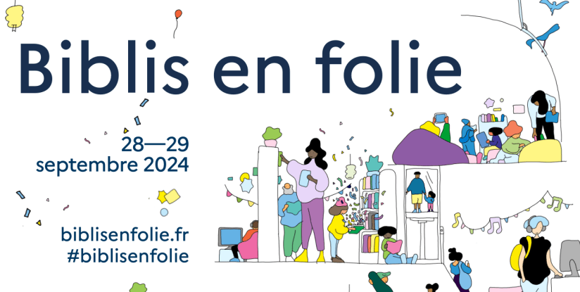 Visuel des journées nationales avec le titre "Biblis en folie", les dates du 28 et 29 septembre 2024 et un dessin de Loïc Froissart